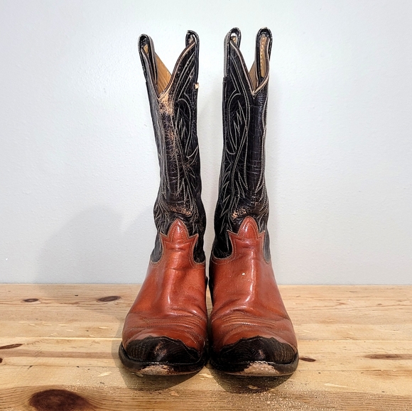 Vintage Tony Lama Men's Western Cowboy Boots Two Tone Leather Rockabilly Size 7 - Picture 2 of 13